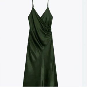 Zara Satin Wrap Draped Midi Dress Green Size S